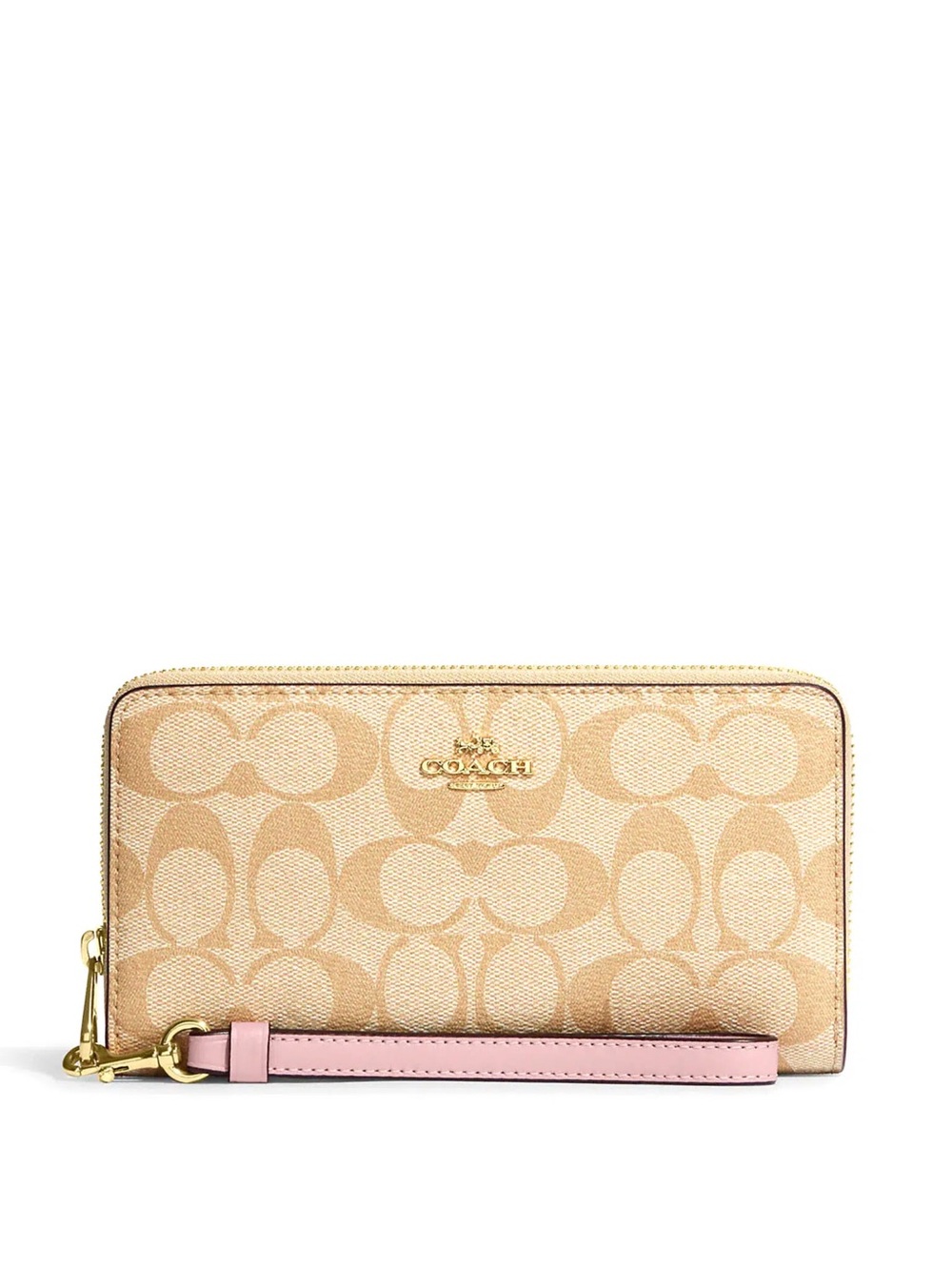 Coach Beige Signature Zip Wallet with Pink Detachable Wristlet